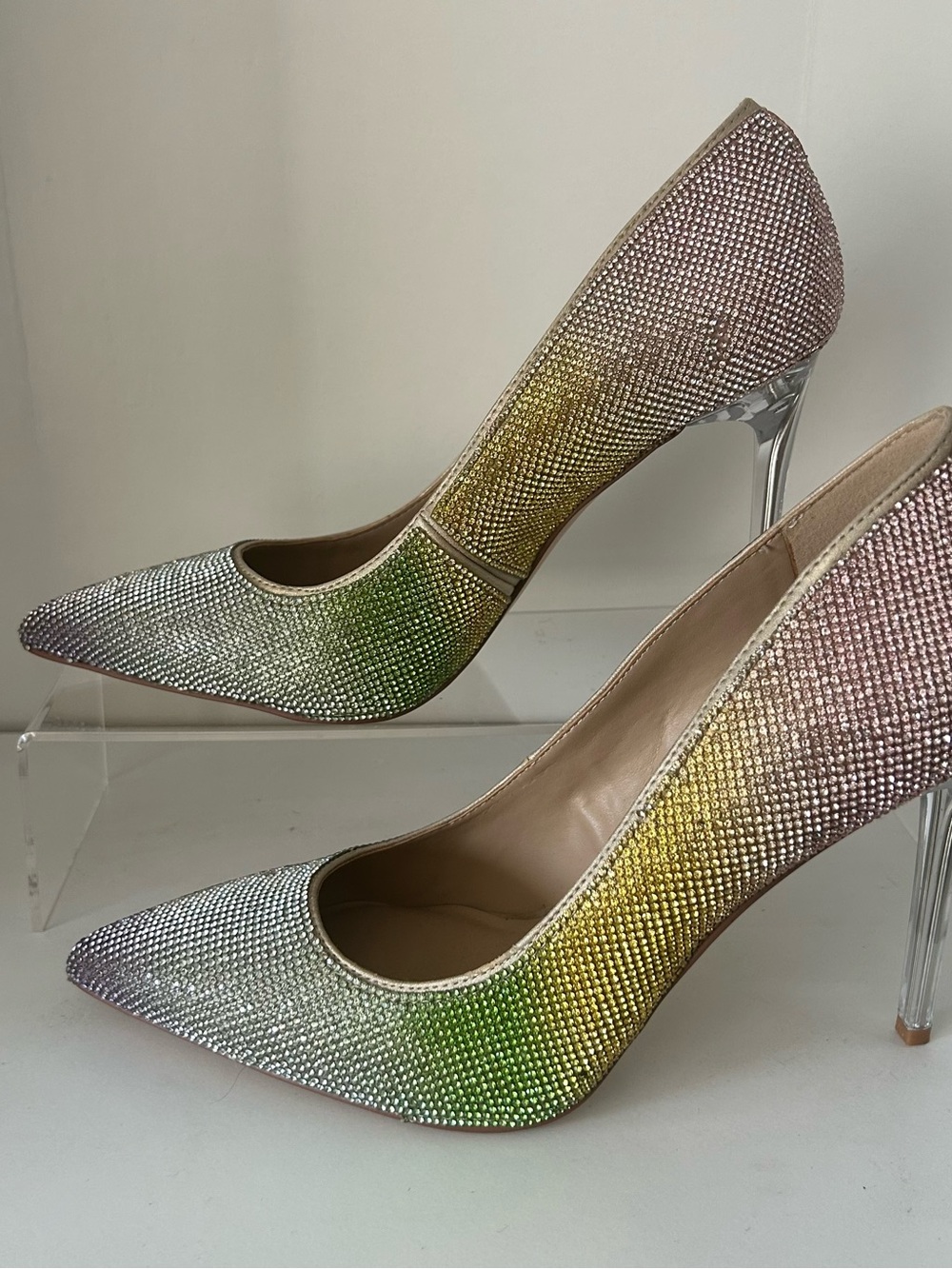 Mix No. 6 Ombré Rhinestone Pointed-Toe Pumps in Silver, Pink, Yellow, Green
